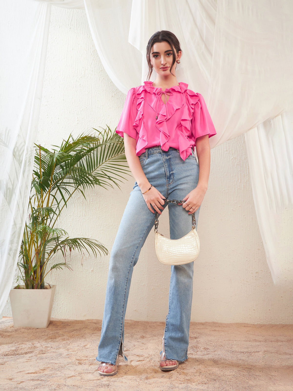 Pink Short Sleeves Ruffle Top-SASSAFRAS