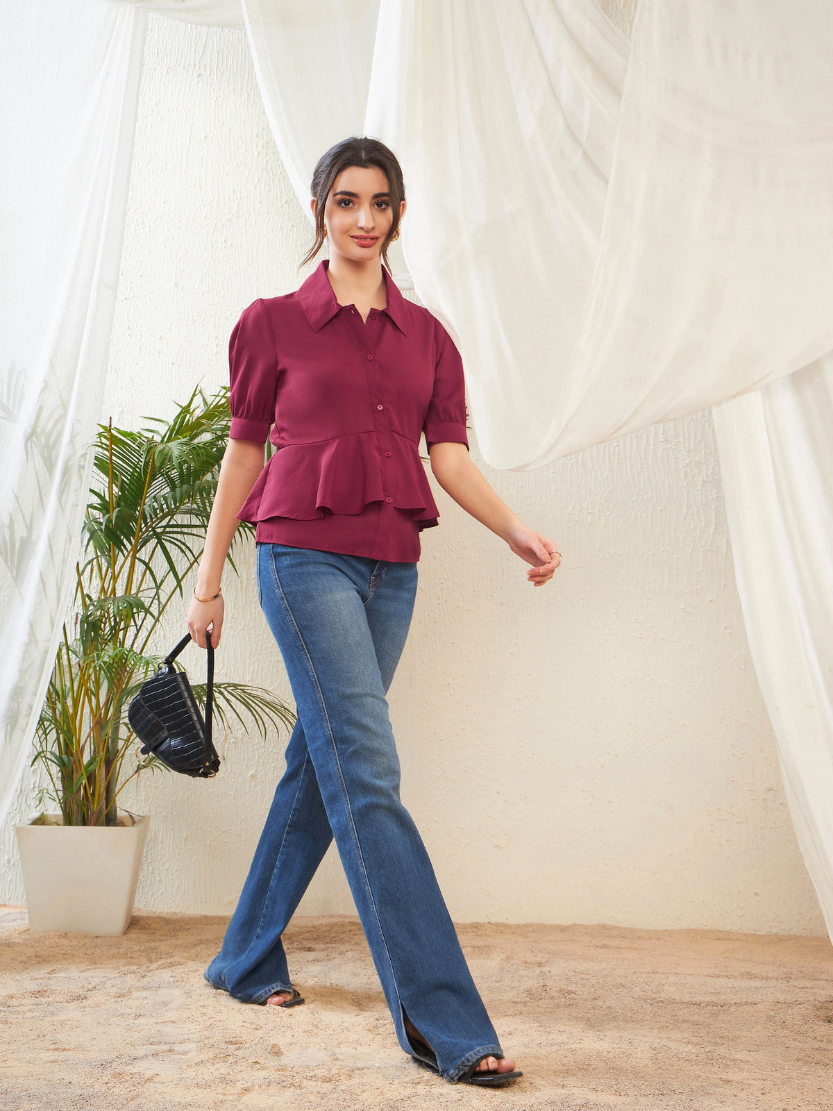 Maroon Frill Detail Shirt Style Blouse-SASSAFRAS