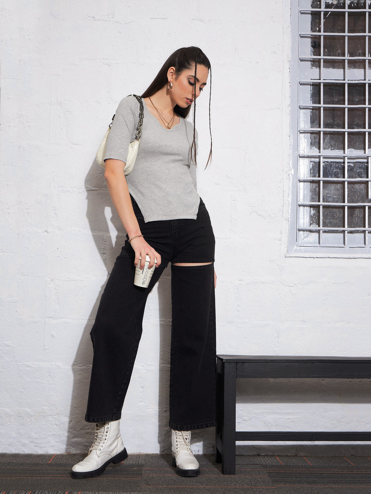 Grey Melange Sweetheart Neck Shaped Hem Top-SASSAFRAS