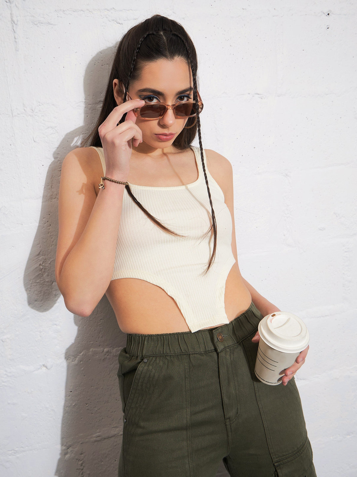 Off-White Rib High Low Hem Crop Top-SASSAFRAS
