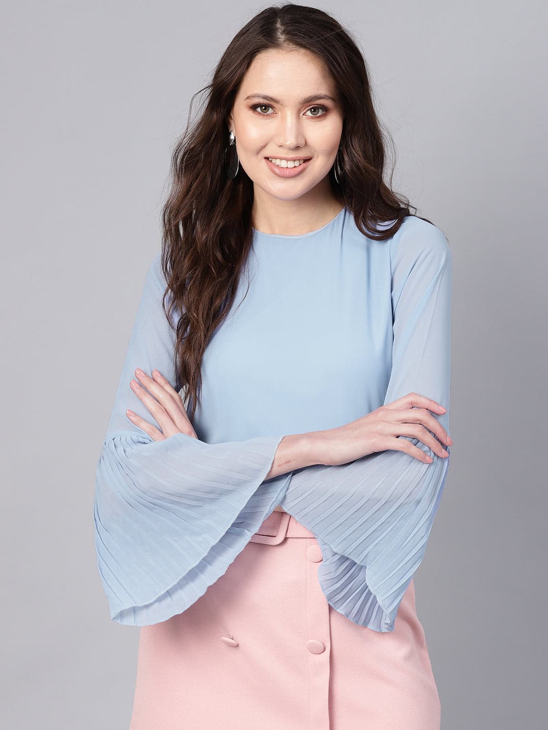 Blue Pleated Sleeve Frill Hem Top-Tops-SASSAFRAS