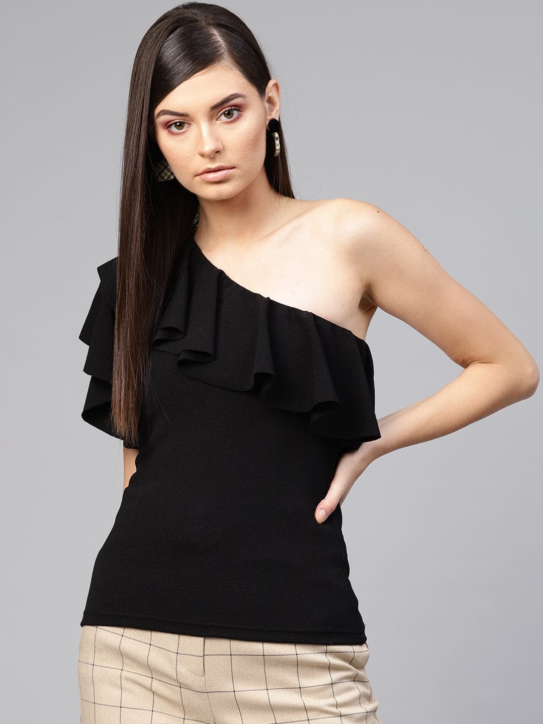 Black One Shoulder Ruffle Top-Tops-SASSAFRAS