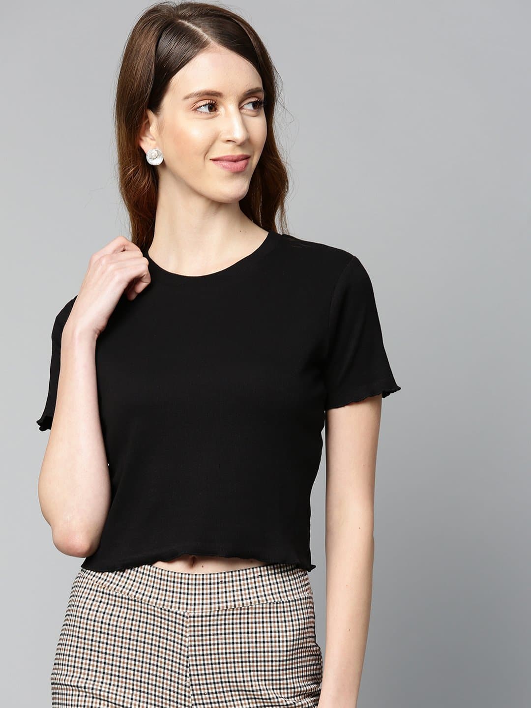 Black Rib Round Neck Crop Top-Tops-SASSAFRAS