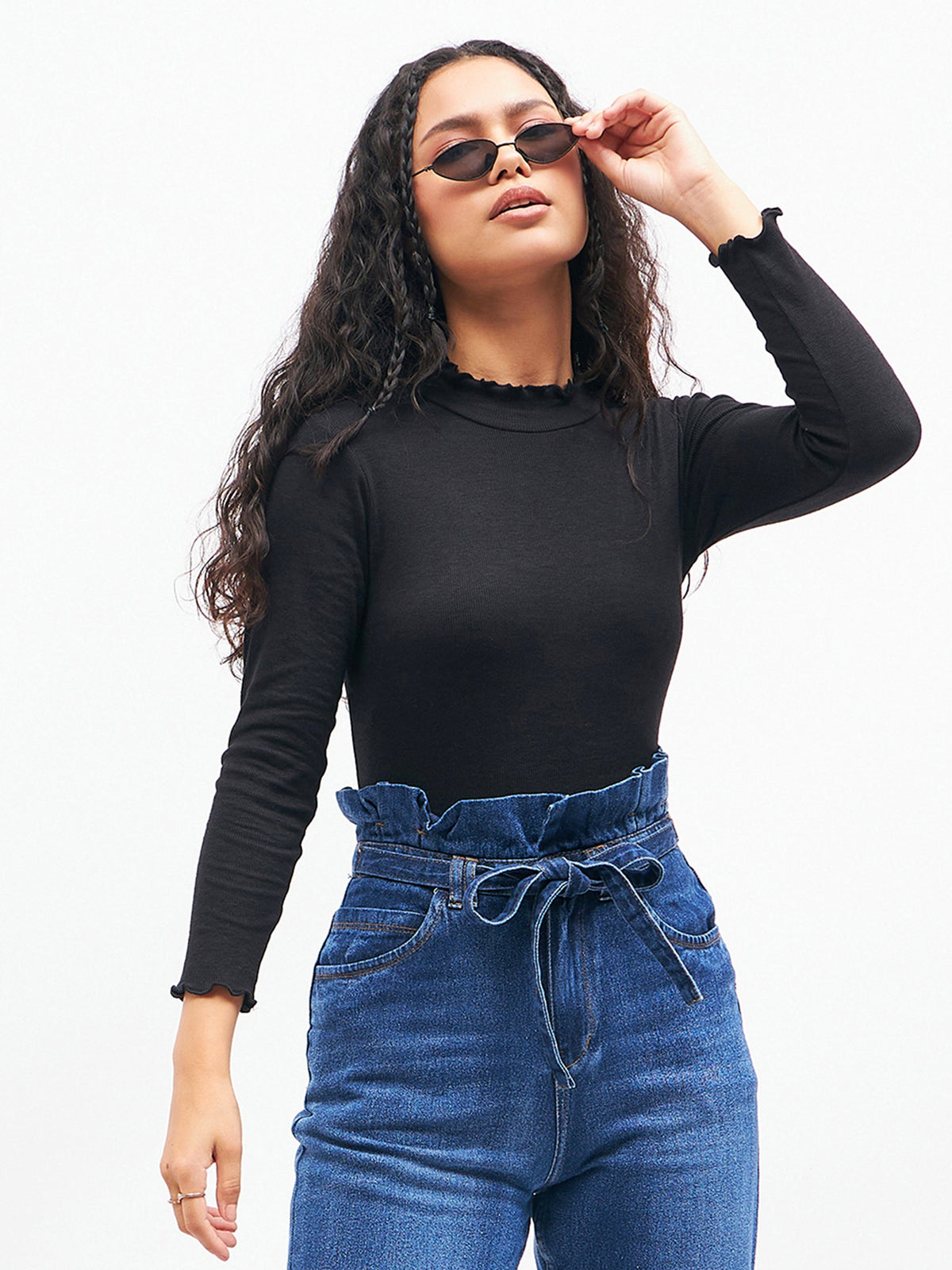 Black Rib High Neck Full Sleeve Top -SASSAFRAS