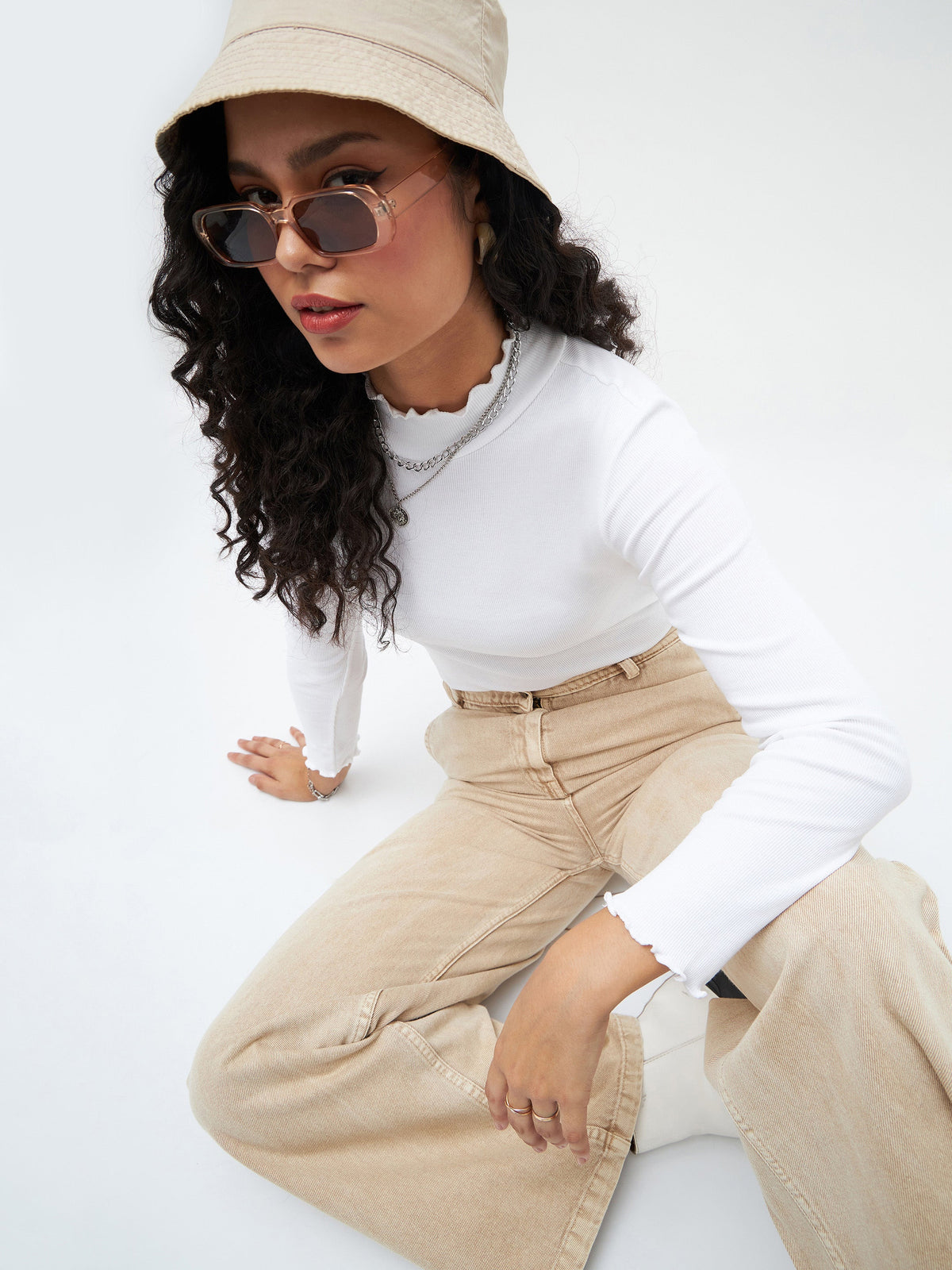 White Rib High Neck Full Sleeve Top -SASSAFRAS