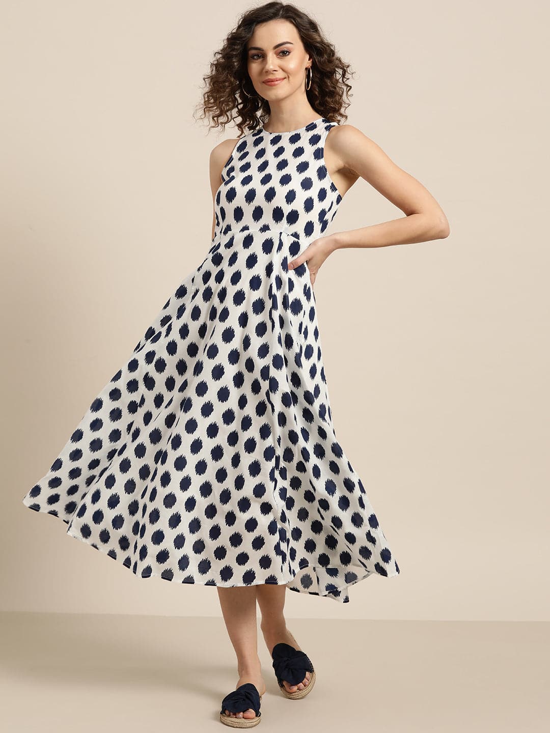Navy Polka Deep Cut Sleeveless Dress-Dress-SASSAFRAS