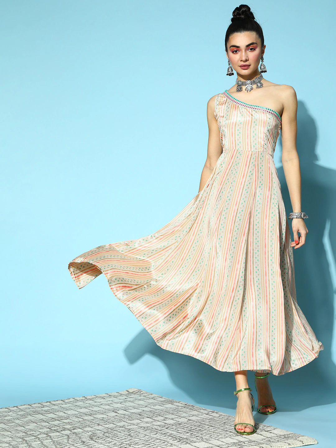 one shoulder anarkali dress Yellow One Shoulder Anarkali With Net Dupatta 3XL
