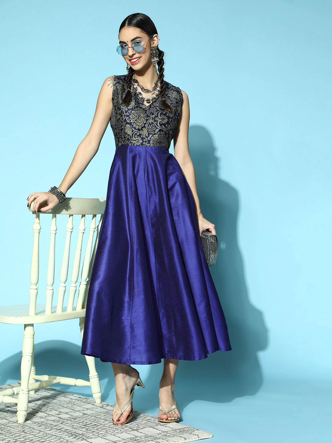 Women Navy Brocade Sleeveless Anarkali Maxi