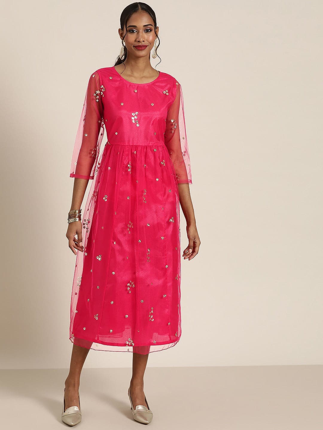 Women Fuchsia Tulle Sequins Gathered Dress-Dress-SASSAFRAS