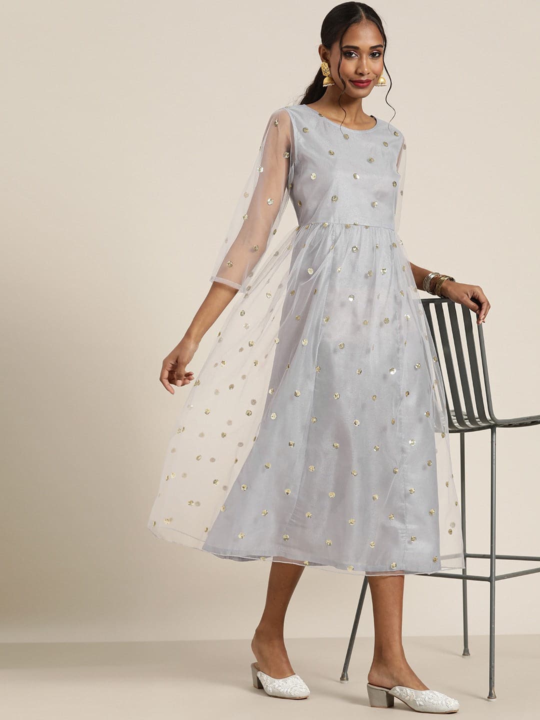 Women Steel Grey Tulle Sequins Gathered Dress-Dress-SASSAFRAS