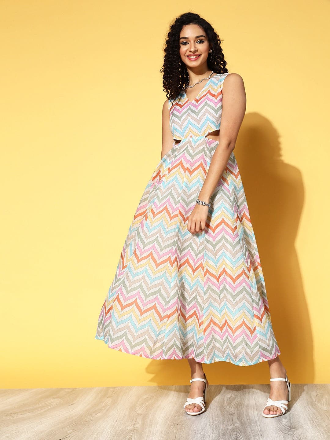 Buy Women Multi Stripe Side Cut Out Anarkali Dress Online at Best Price