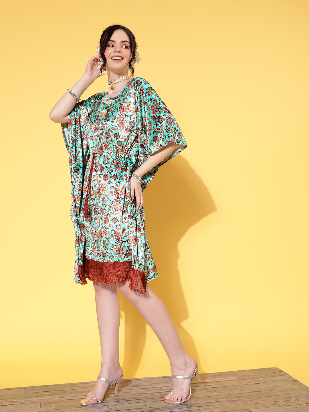 Sea Green Floral Velvet High Low Kaftan Dress-Shae by SASSAFRAS