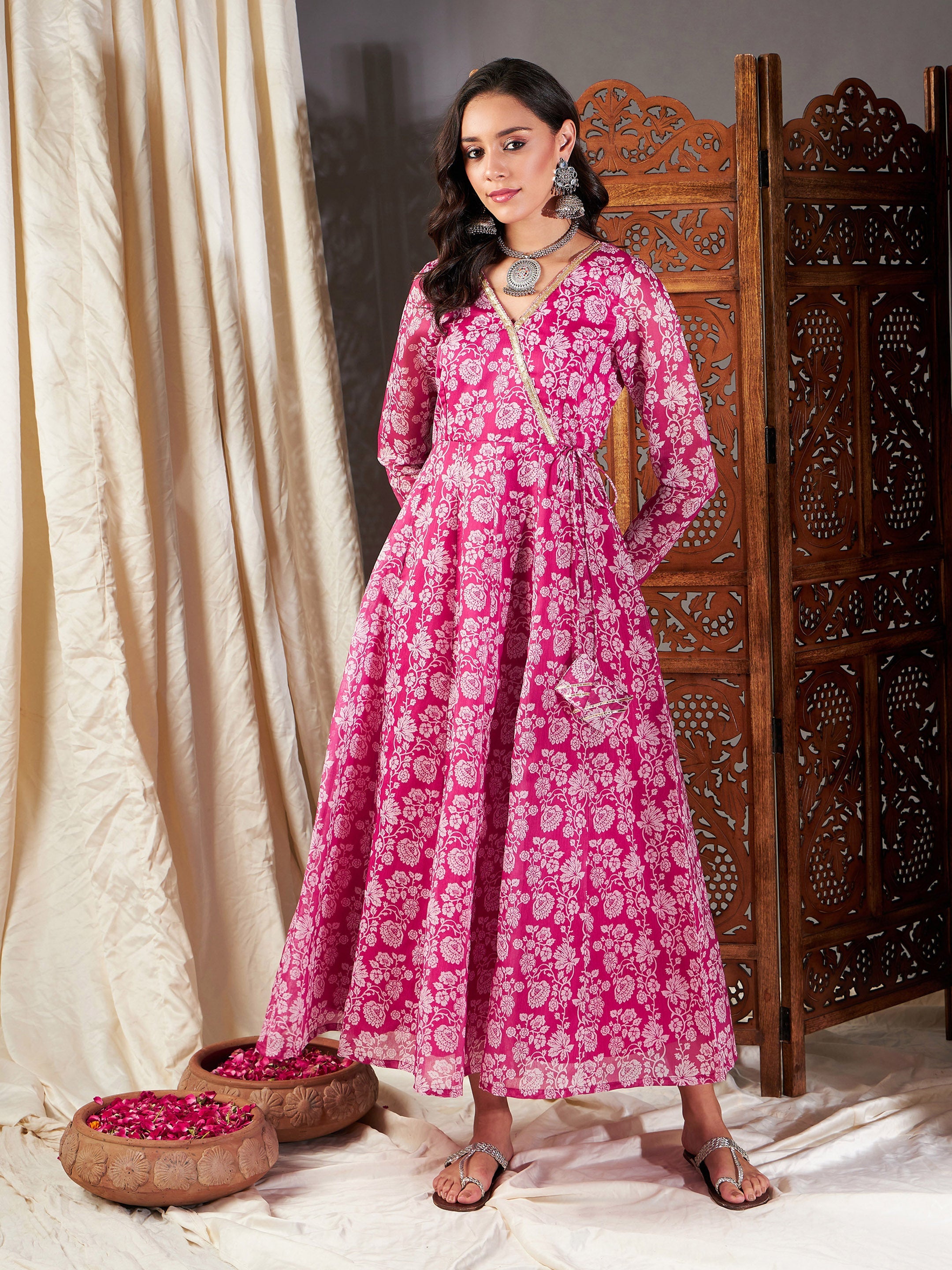 Hot Pink Flared Cut-Out Anarkali Dress main image 1