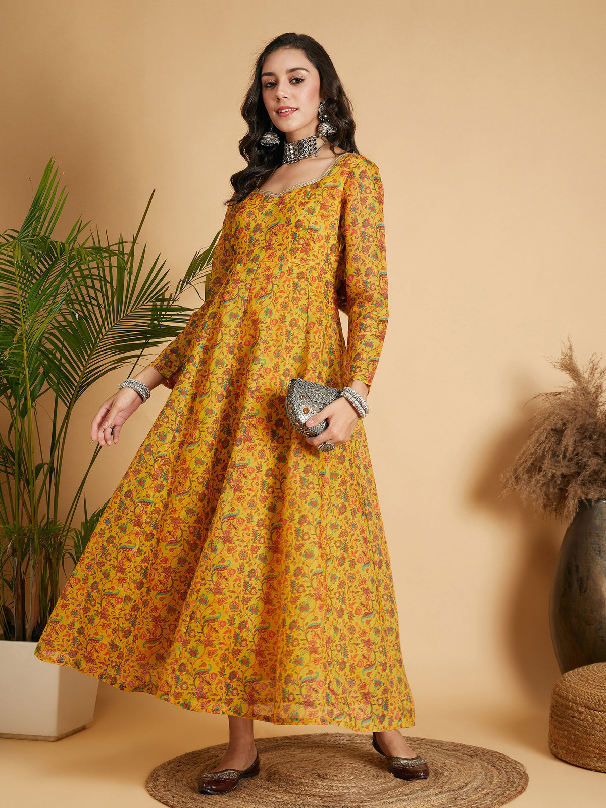 Mustard Floral Anarkali Maxi Dress-Shae by SASSAFRAS