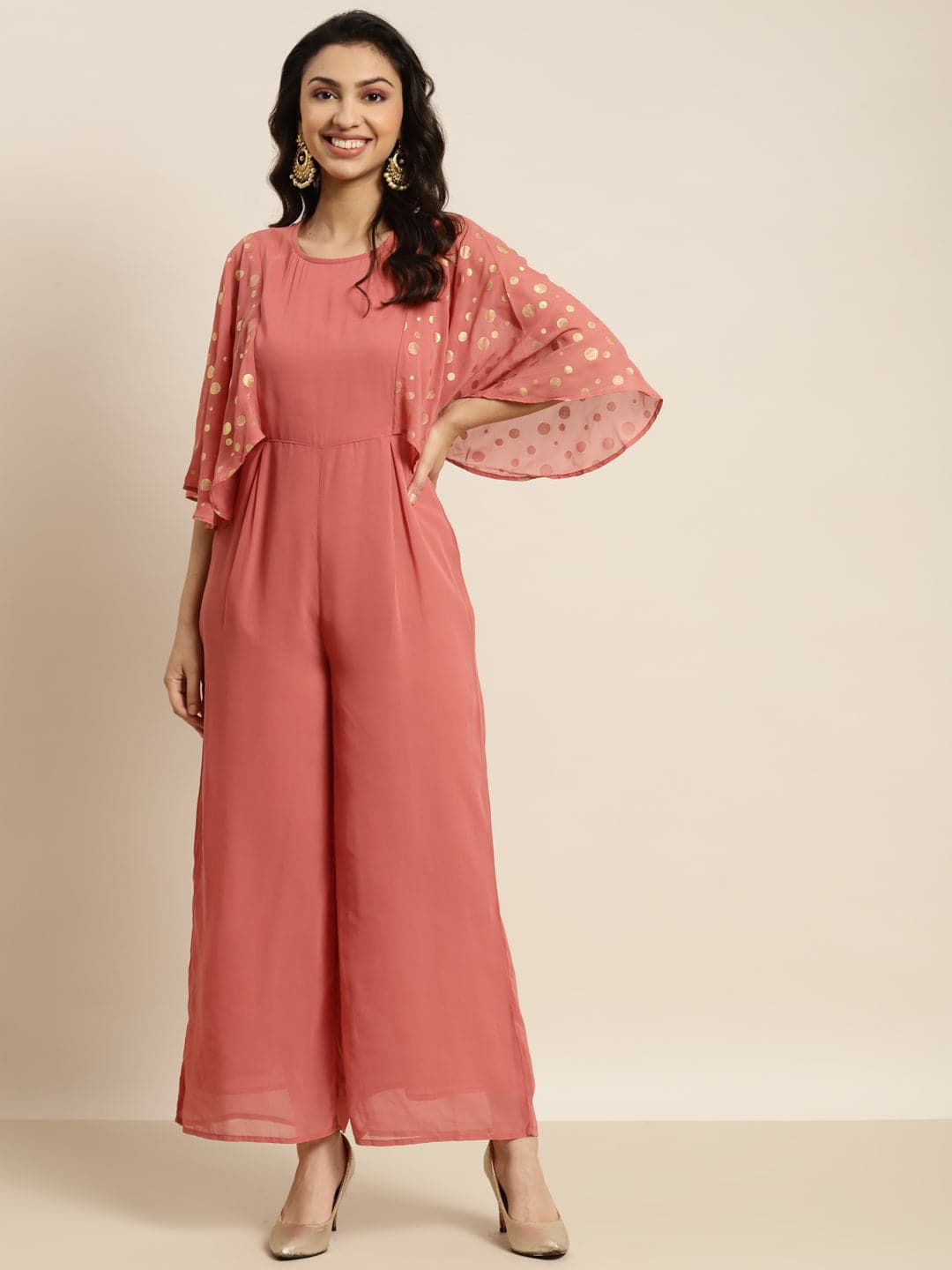 Women Rust Foil Print Flared Sleeve Jumpsuit-Jumpsuits-SASSAFRAS