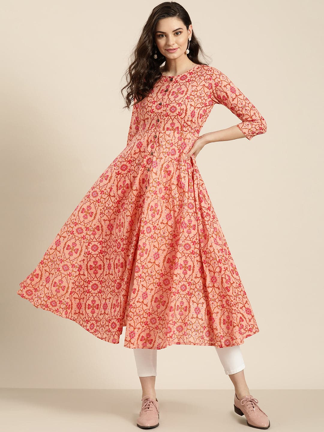 Peach Floral Front Open Anarkali Kurta-Kurtas-SASSAFRAS
