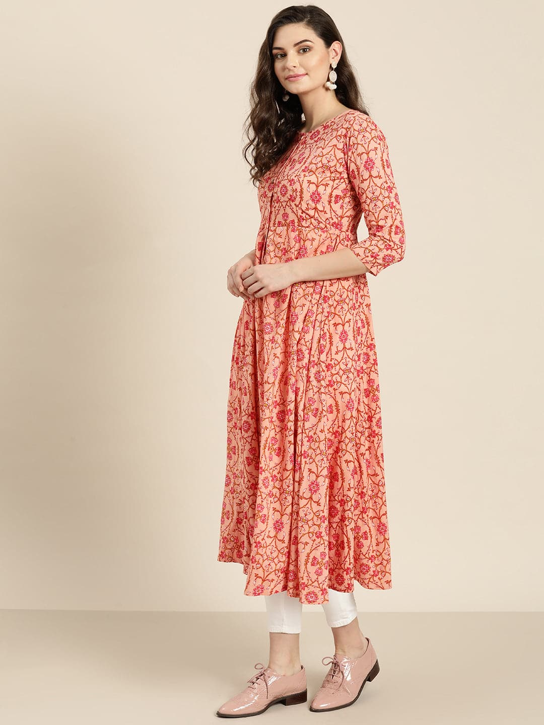 Peach Floral Front Open Anarkali Kurta-Kurtas-SASSAFRAS
