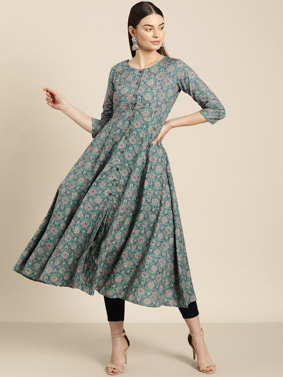 Sea Green Floral Front Open Anarkali Kurta-Kurtas-SASSAFRAS