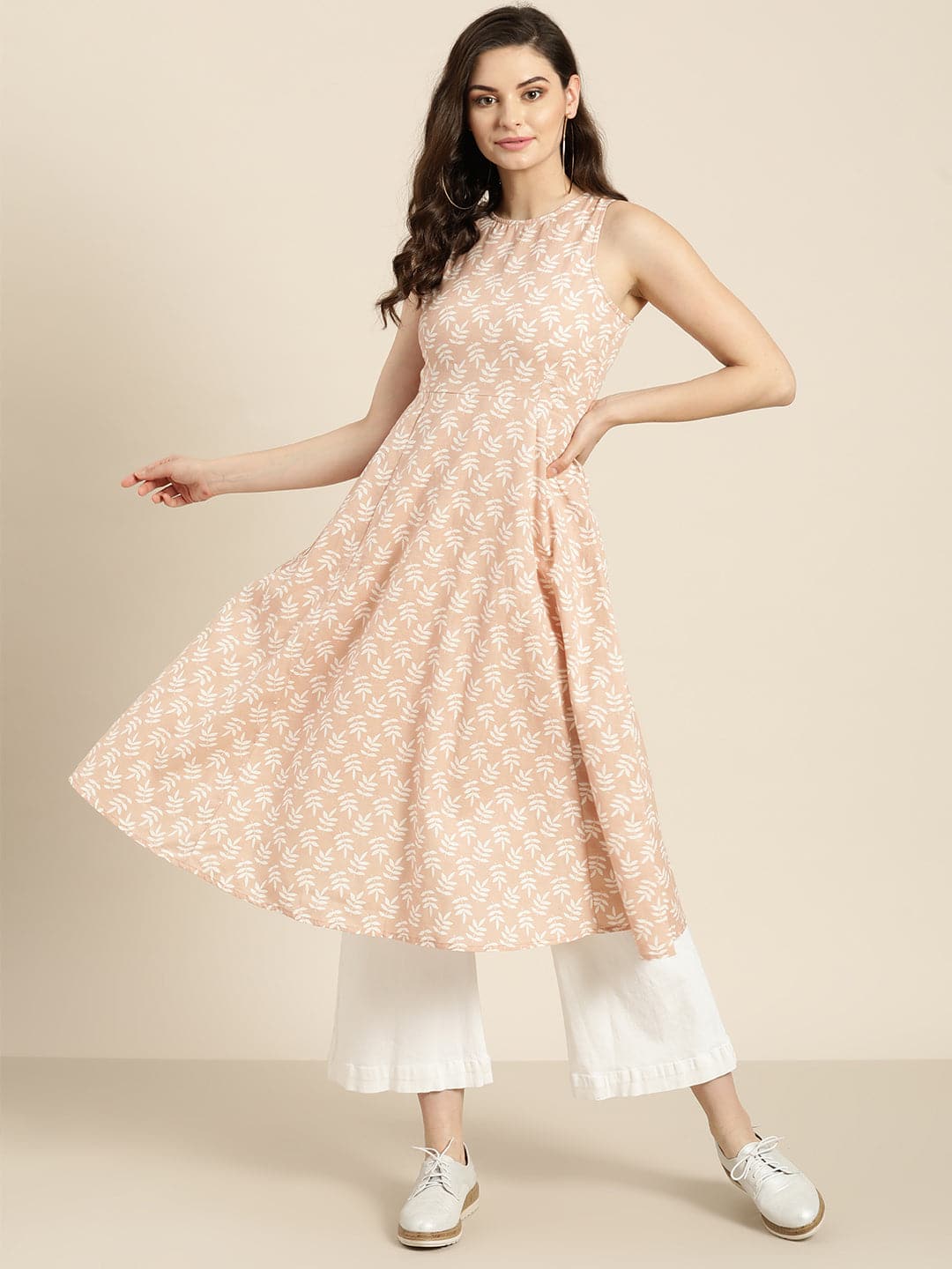 Peach Printed Sleeveless Kurta-Kurtas-SASSAFRAS