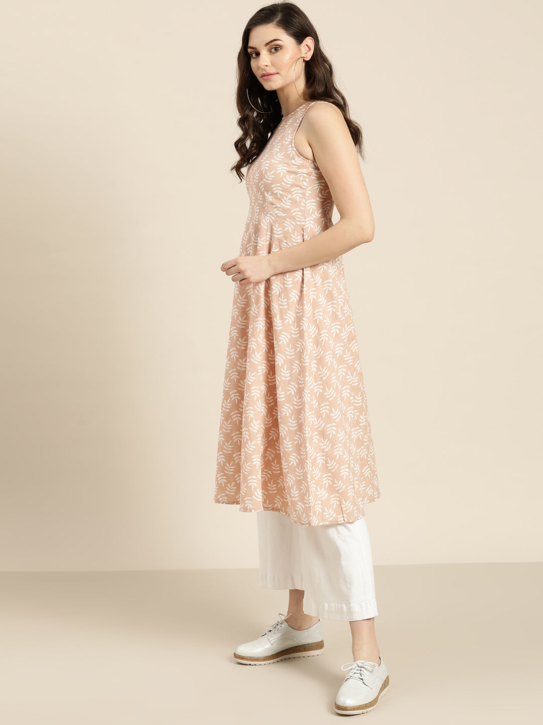 Peach Printed Sleeveless Kurta