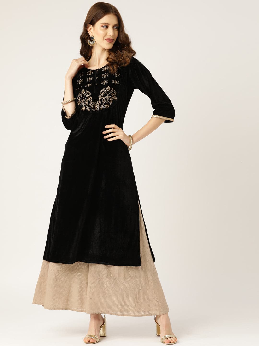 Buy Black Lycra Velvet Hand Embroidered Lace And Nargis Kurta