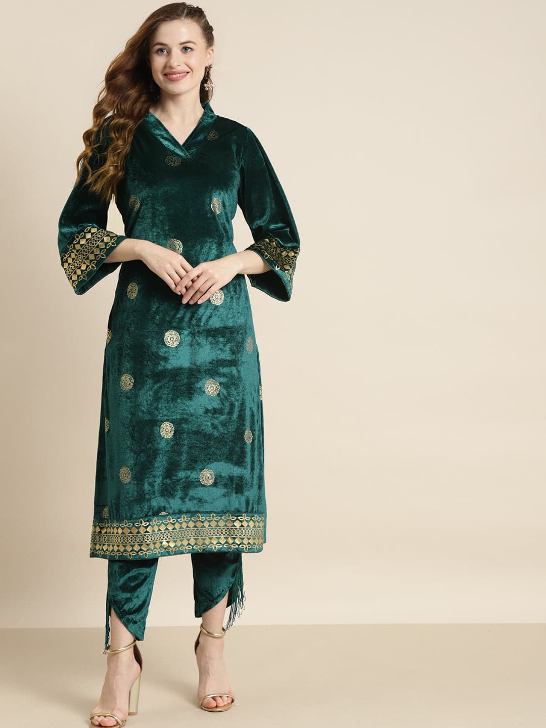Buy Teal Velvet Foil Print Bell Sleeve Kurta Online At Best Price ...