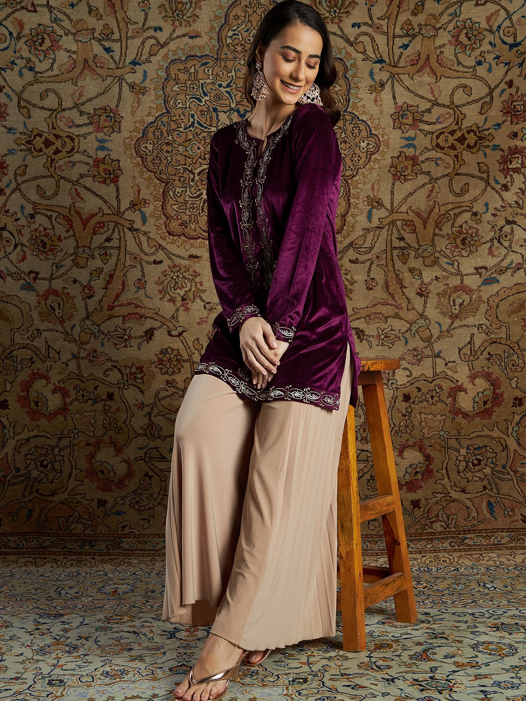 Burgundy Velvet Zari Embroidered Short Kurta-Shae by SASSAFRAS
