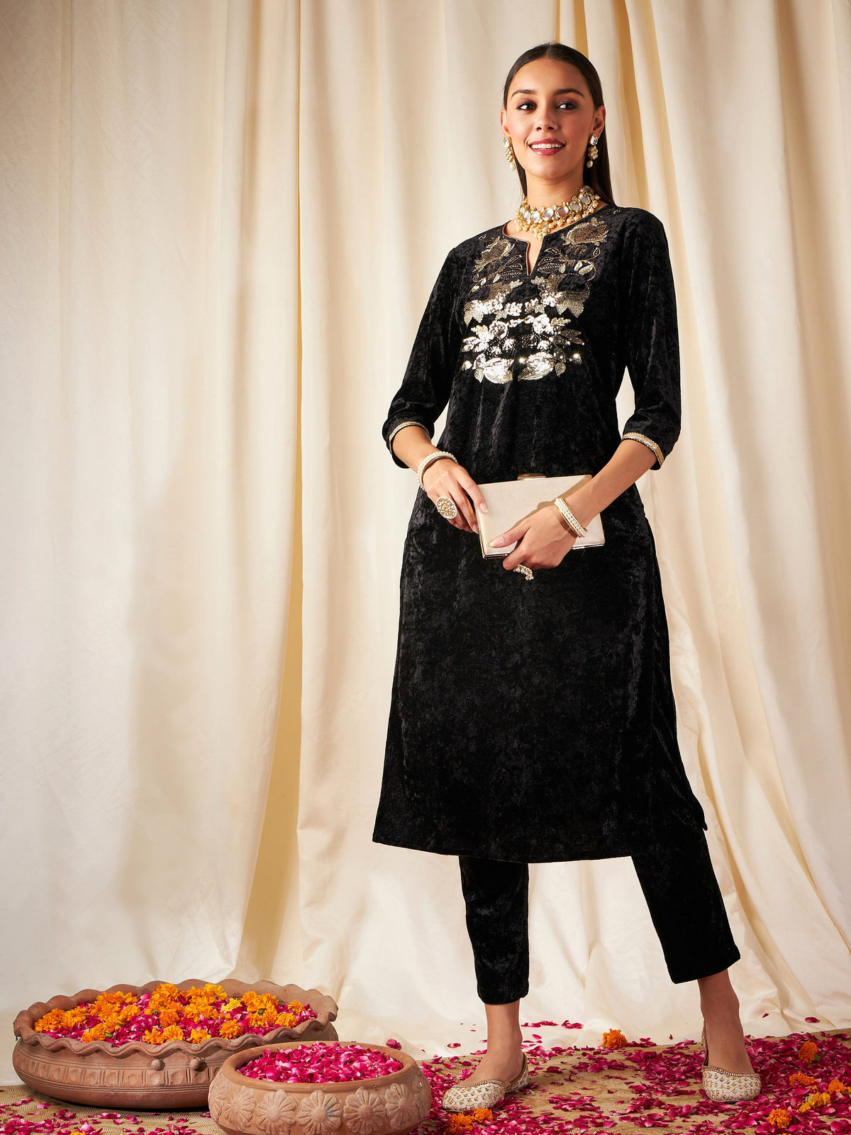 Black Velvet Front Embroidered Straight Kurta-Shae by SASSAFRAS