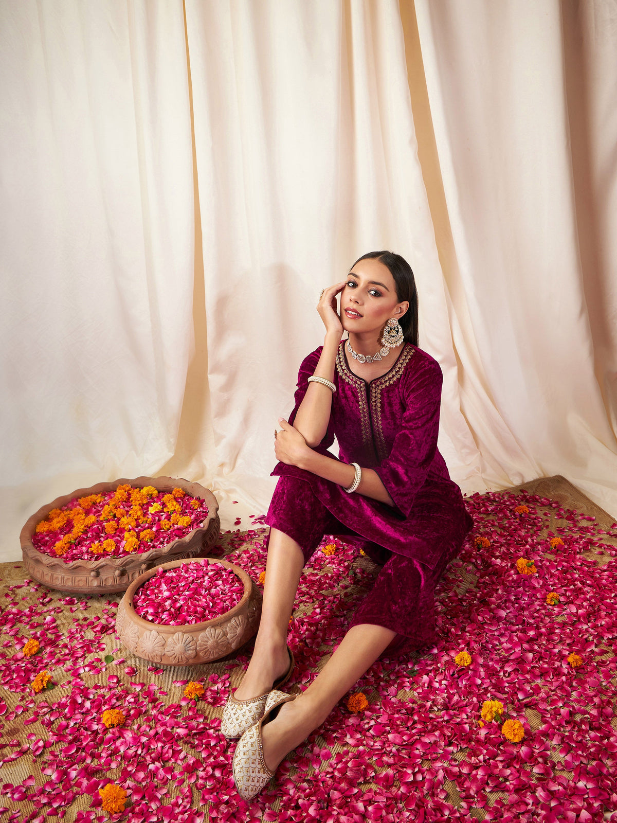 Fuchsia Velvet Straight Kurta-Shae by SASSAFRAS