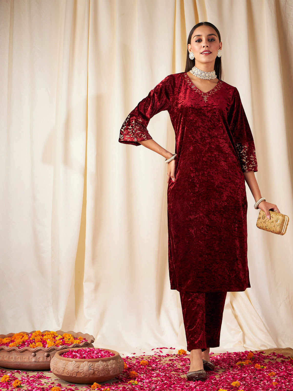 Maroon Velvet Sleeve Embroidered Straight Kurta-Shae by SASSAFRAS