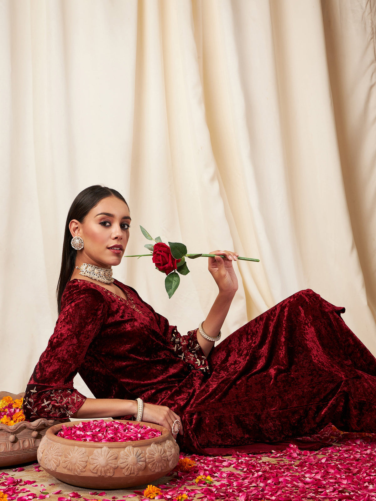 Maroon Velvet Sleeve Embroidered Straight Kurta-Shae by SASSAFRAS