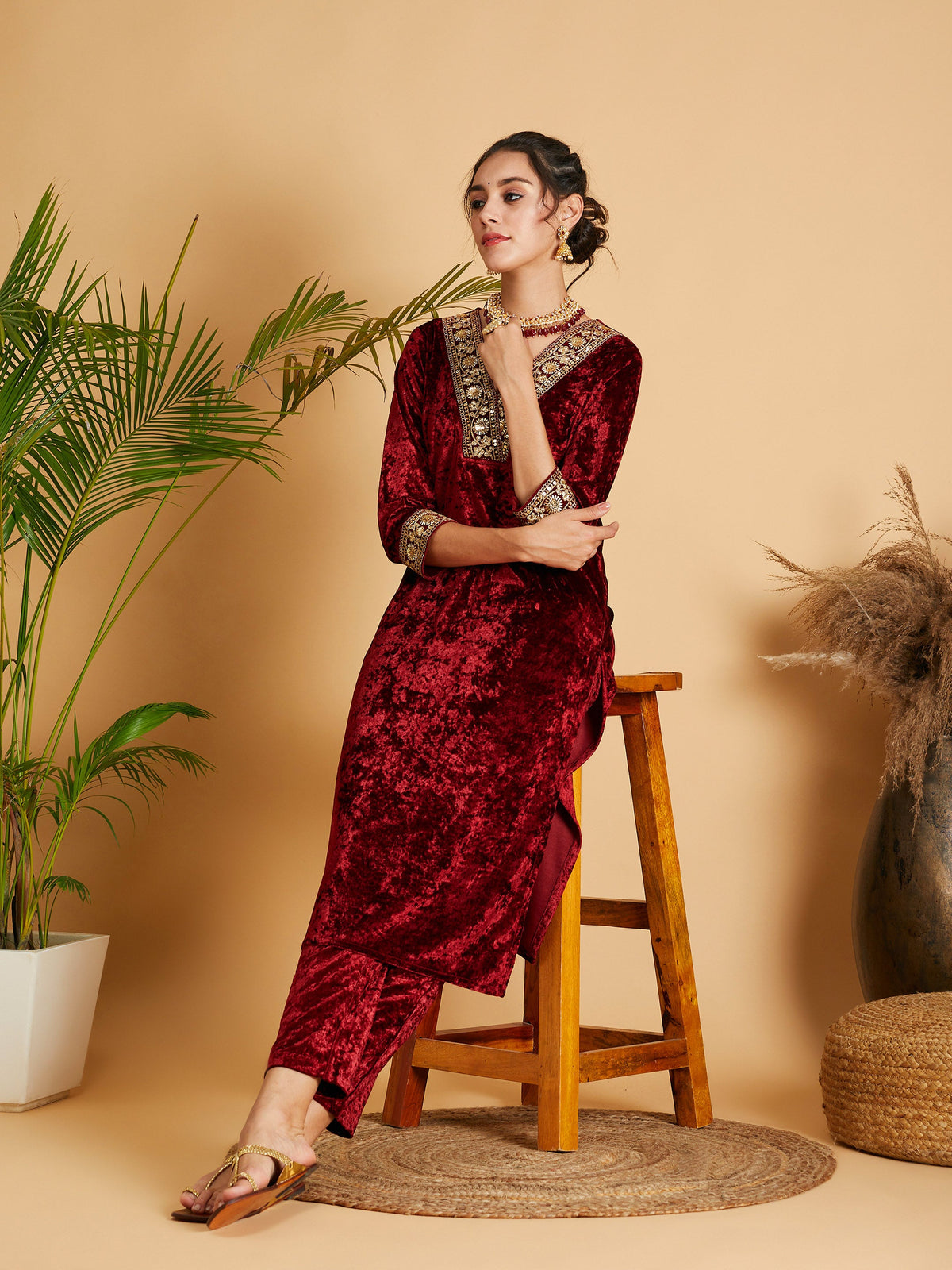 Maroon Velvet Straight Kurta-Shae by SASSAFRAS