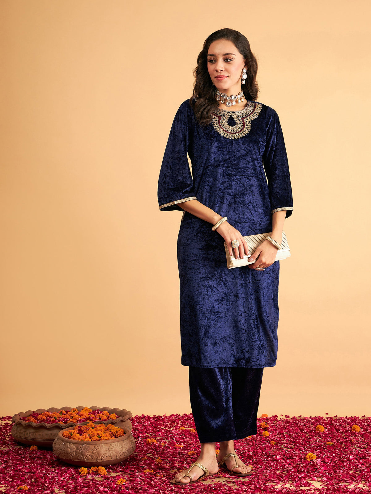 Navy Blue Velvet Front Zari Embroidered Straight Kurta-Shae by SASSAFRAS