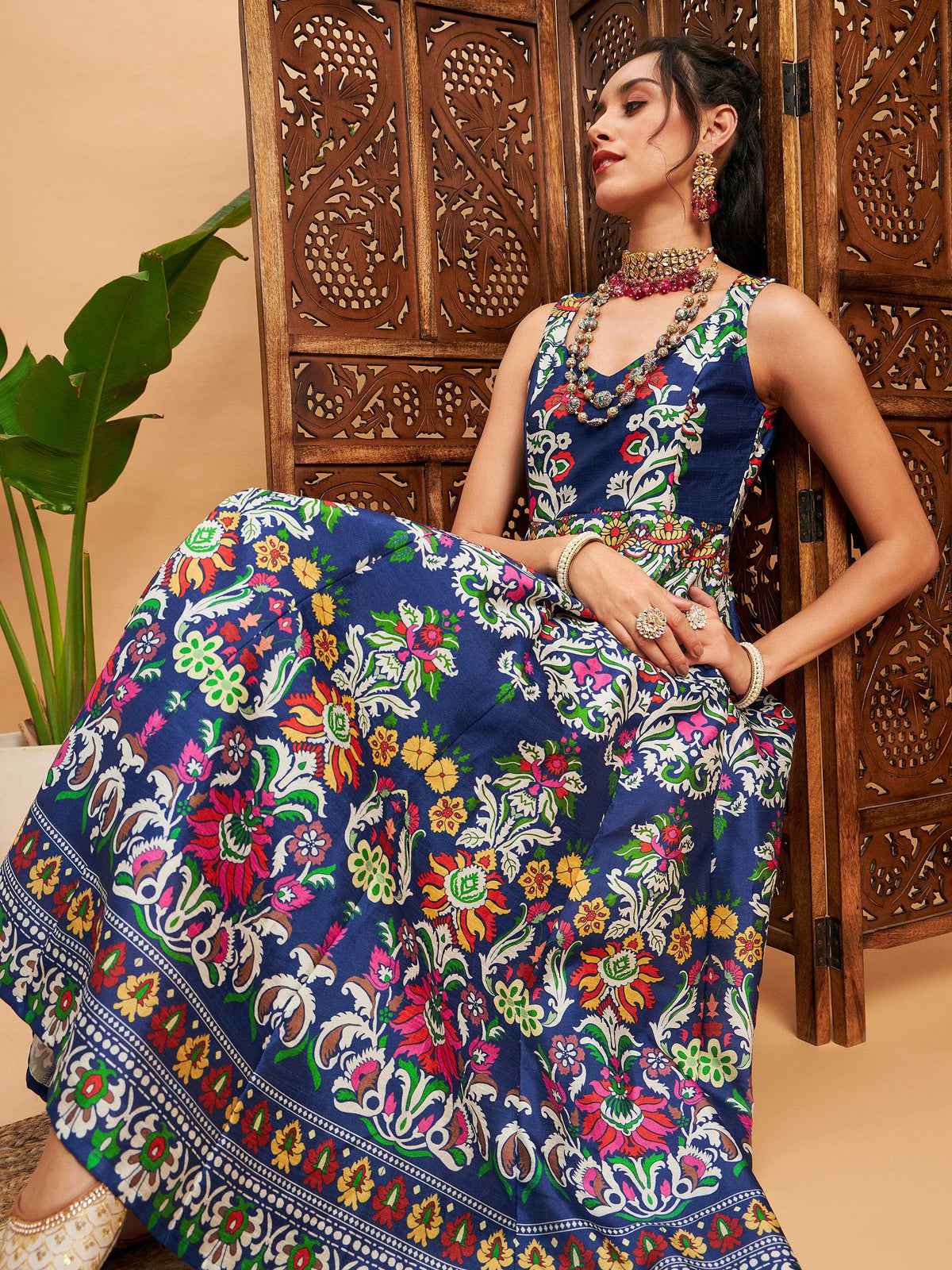 Navy Floral Sleeveless Anarkali Maxi Kurta-Shae by SASSAFRAS