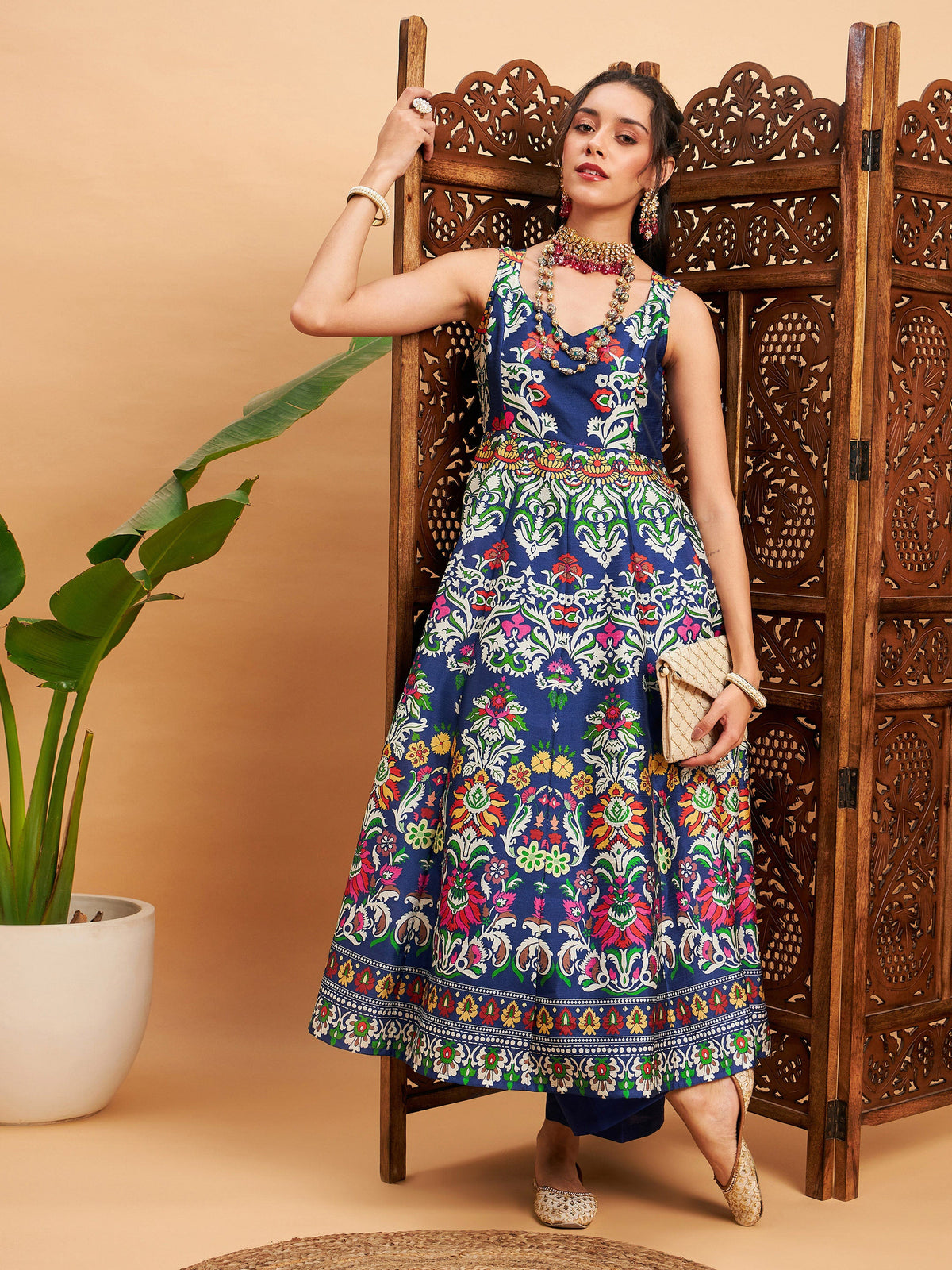 Navy Floral Sleeveless Anarkali Maxi Kurta-Shae by SASSAFRAS