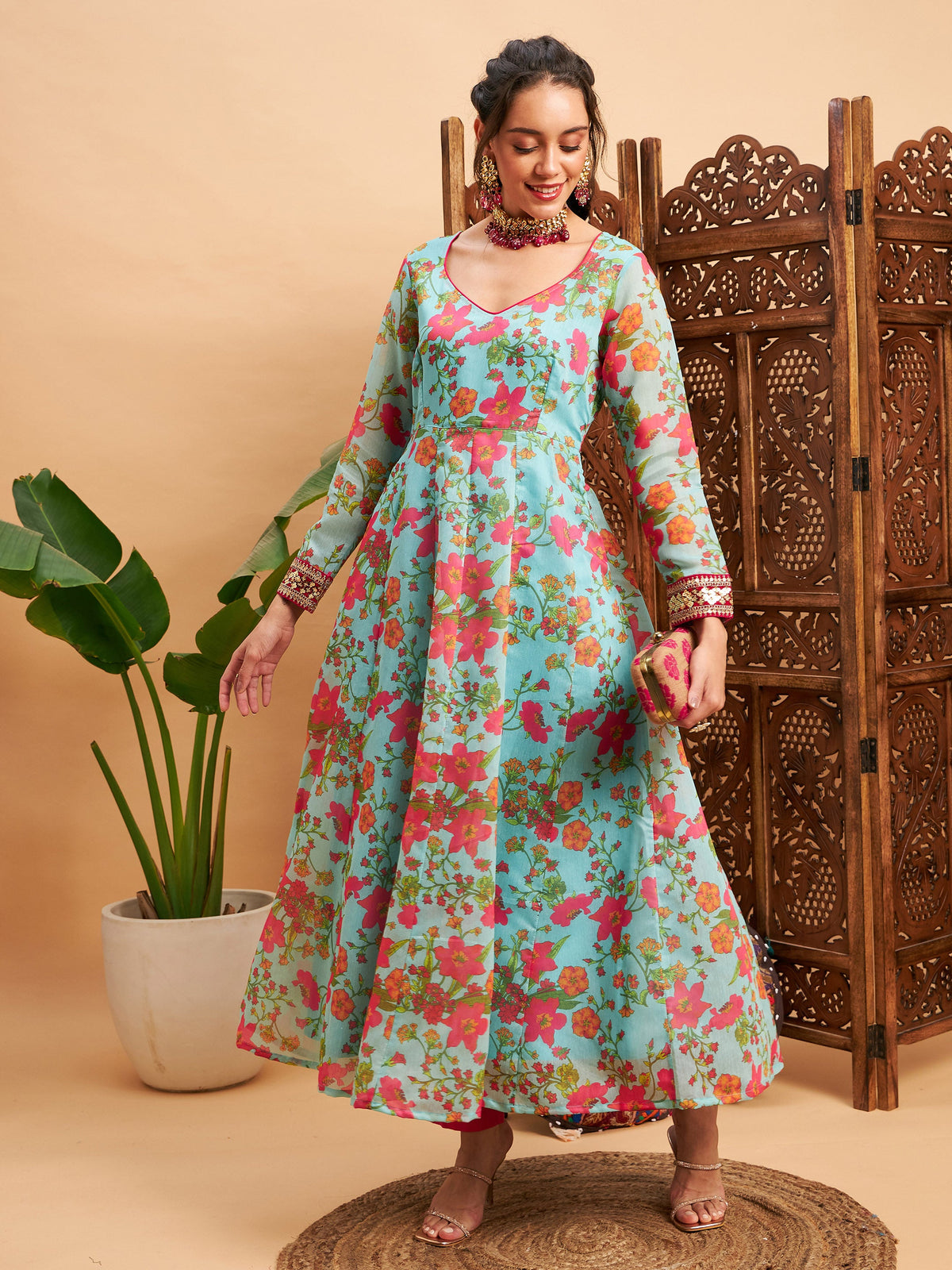 Blue Floral Sweatheart Neck Anarkali Maxi Kurta-Shae by SASSAFRAS