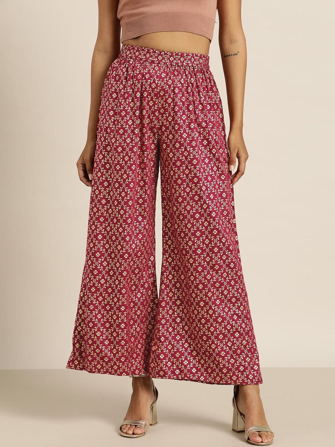 Burgundy Foil Print Flared Liva Pants-Pants-SASSAFRAS