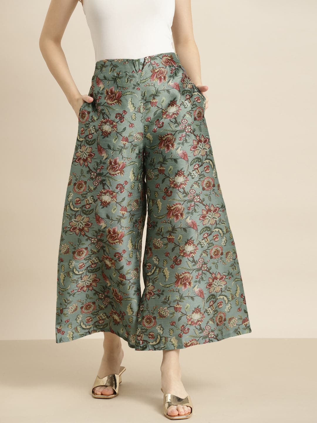 Pink Floral Polysilk Palazzo Pants