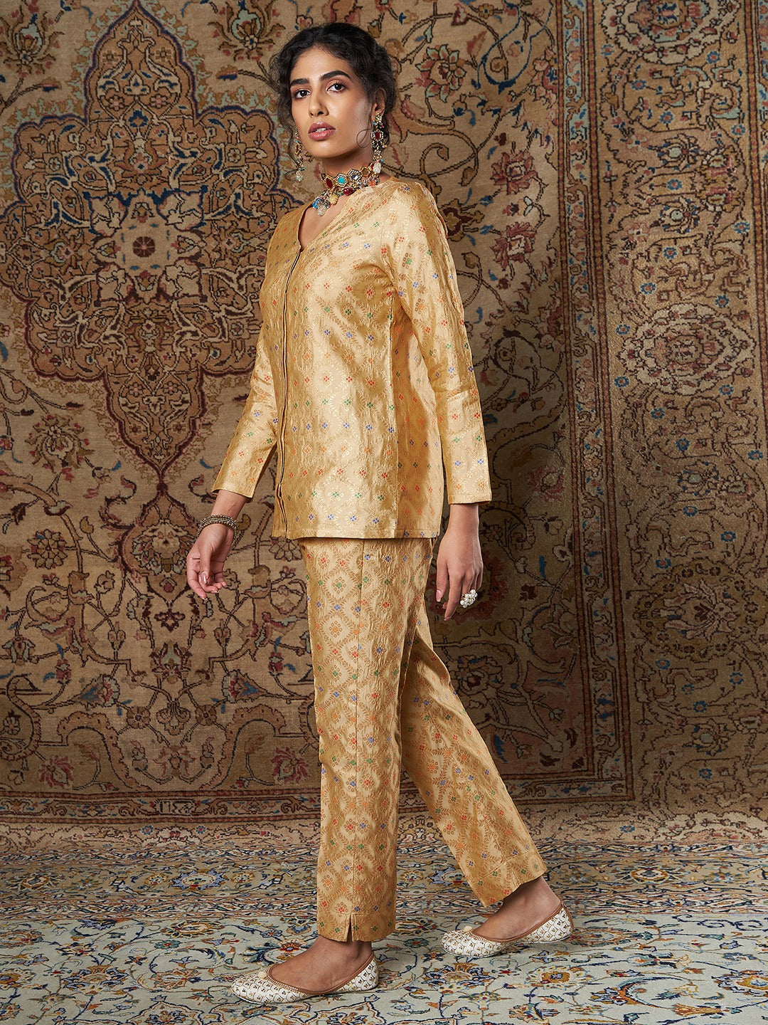 Buy Women Golden Indian Motif Brocade Pants Online at Sassafras