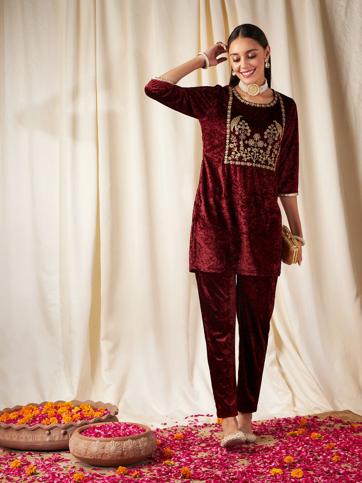 Maroon Velvet Pencil Pants-Shae by SASSAFRAS