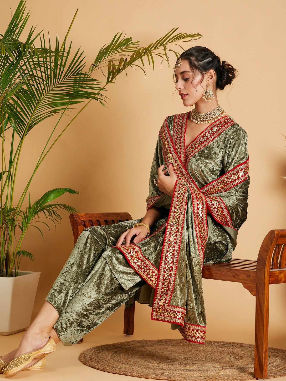 Olive Velvet Lace Detail Dushala-Shae by SASSAFRAS