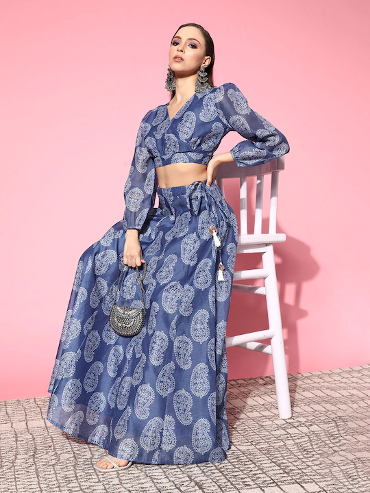 Buy Women Blue Paisley Wrap Crop Top With Aanarkali Skirt Online at Sassafras
