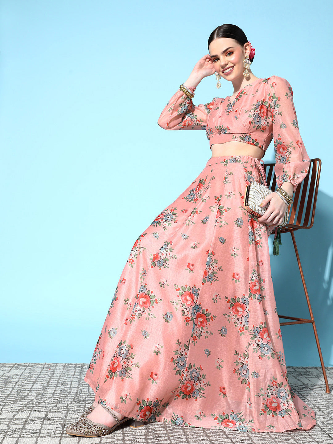 Buy Peach Floral Wrap Crop Top With Anarkali Skirt Online At Best