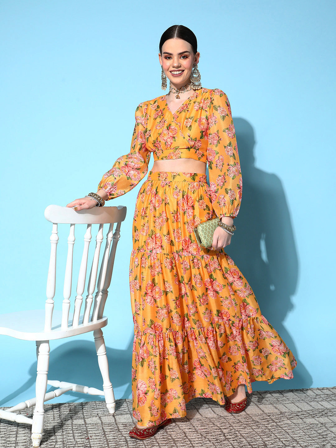 Crop Top Yellow Floral Long Skirt Long Skirt Short Top Dress Women