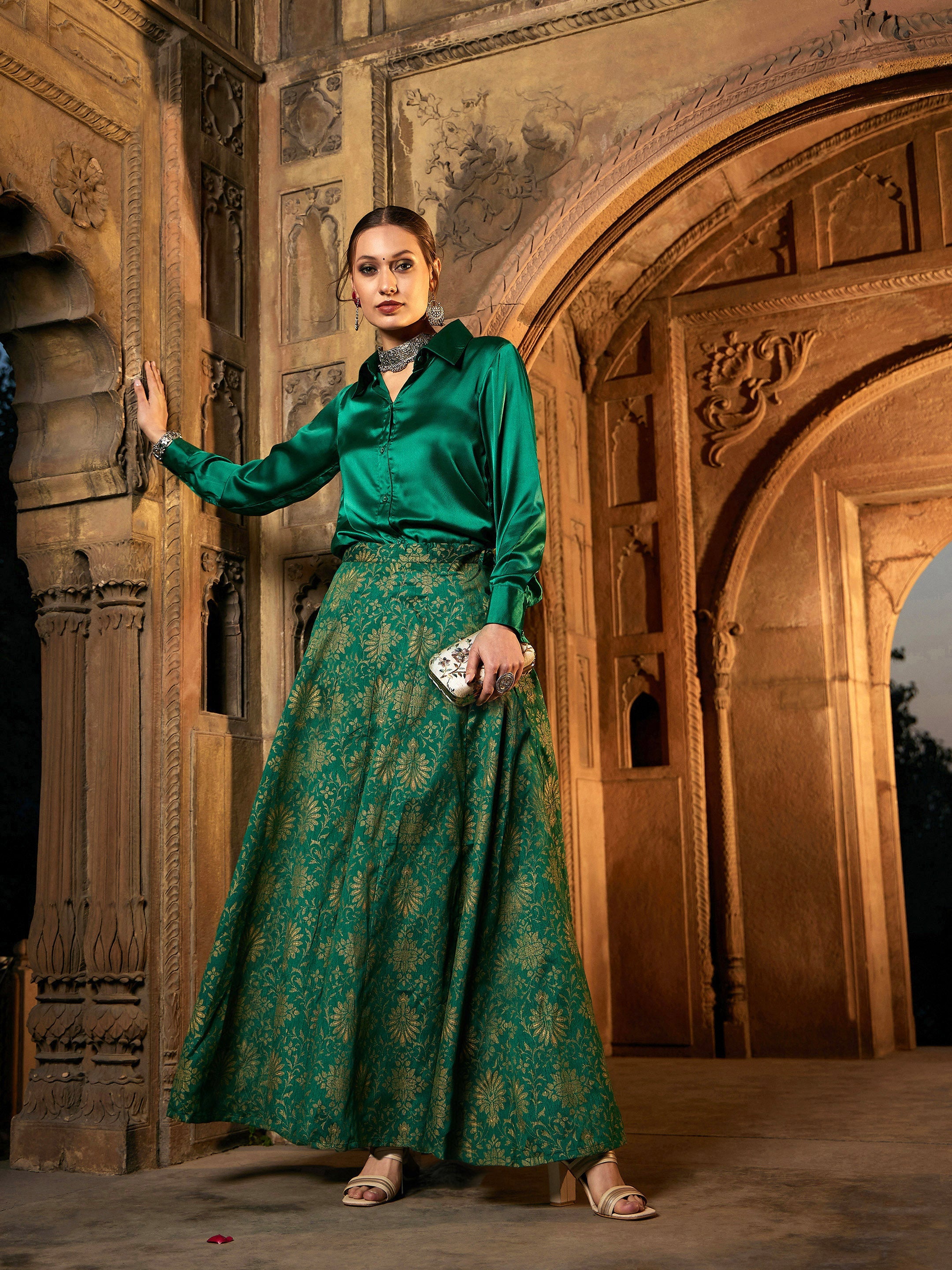 Women Green Satin Shirt With Brocade Skirt - Main Image