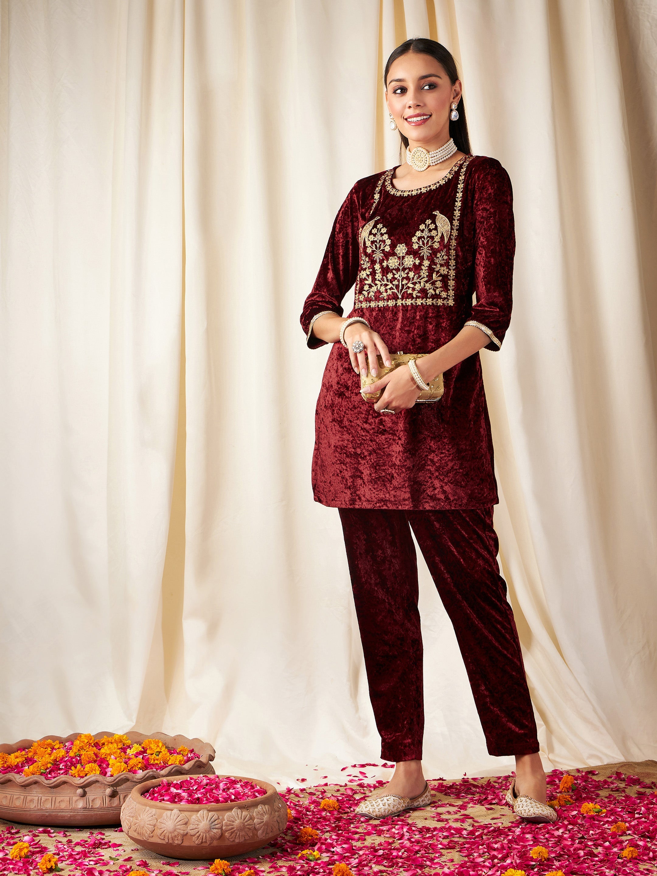Women Maroon Cotton Cold Shoulder Half Sleeve Low High Kurta With Embridery Work main image 1
