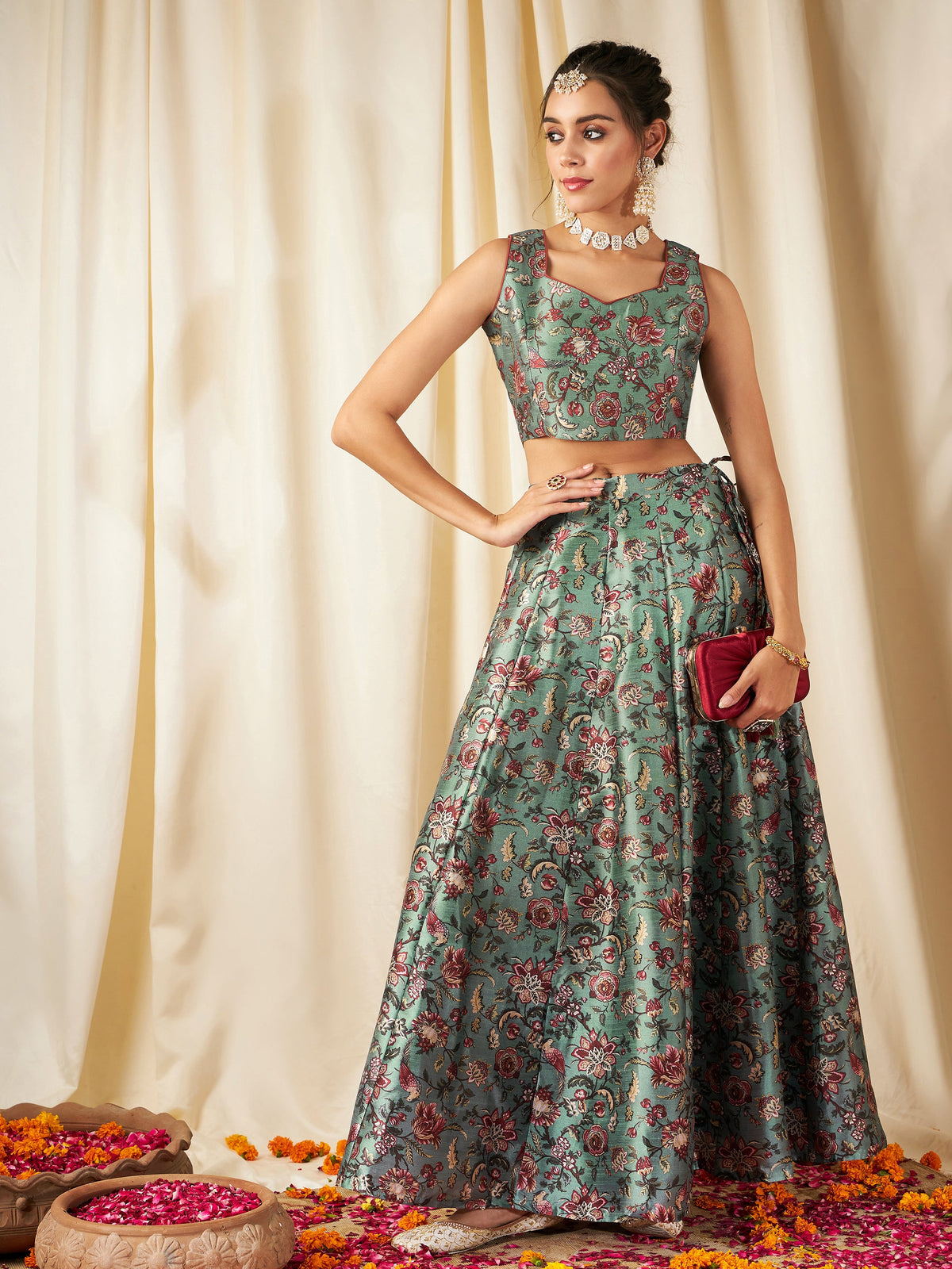 Olive Floral Anarkali Skirt With Crop Top-Shae by SASSAFRAS