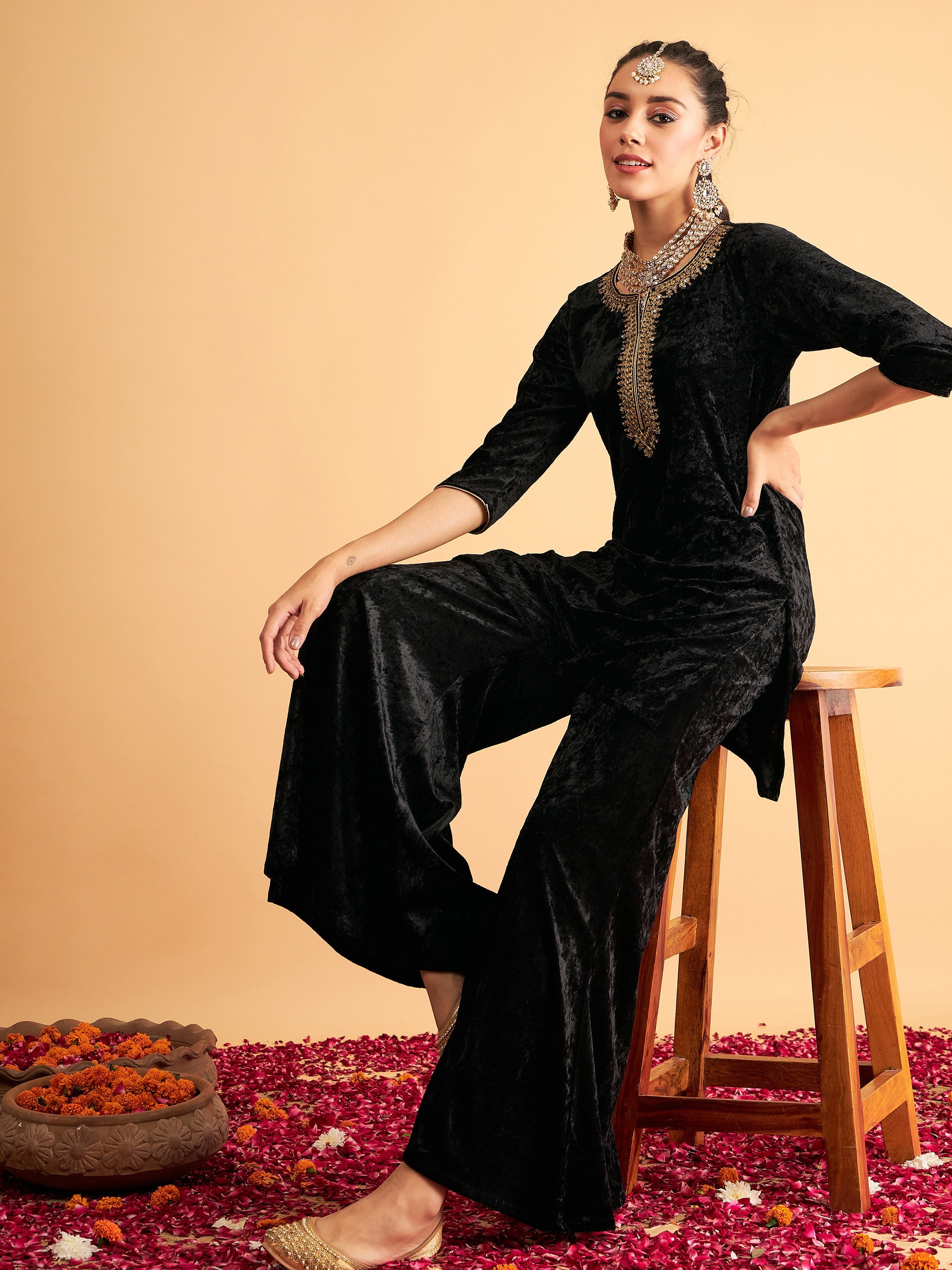 Buy Black Velvet Embroidered Short Kurta With Palazzos Online At