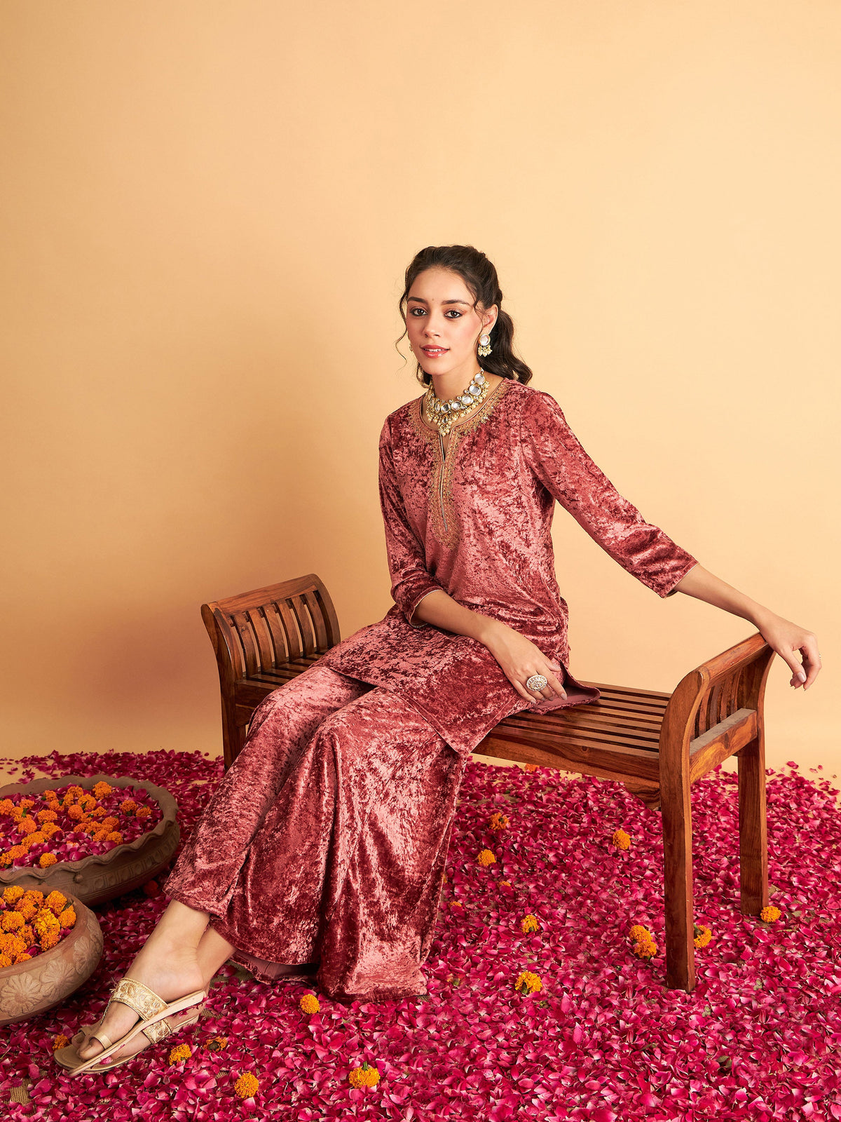 Pink Velvet Embroidered Short Kurta With Palazzos-Shae by SASSAFRAS