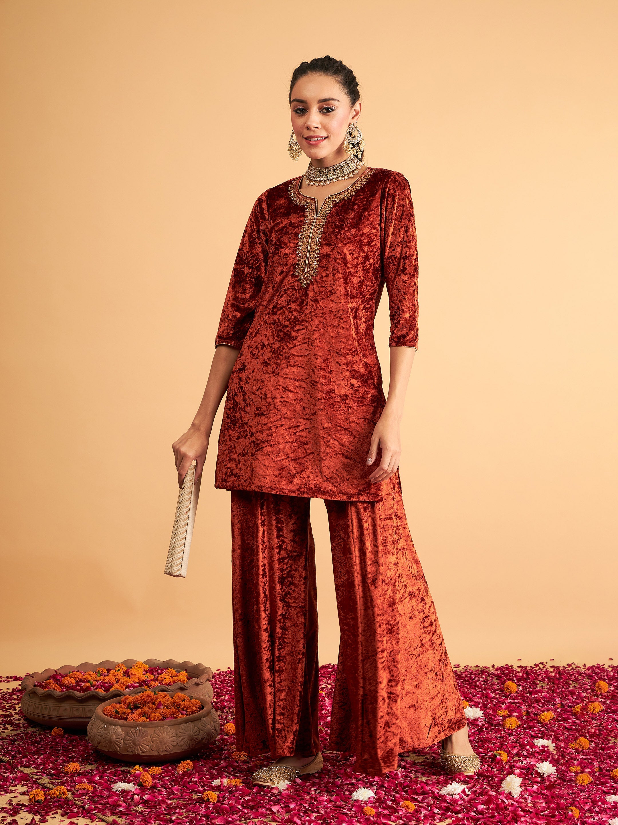 Designer Indian Rust Nyra Cut Kurta With Palazzo For Women